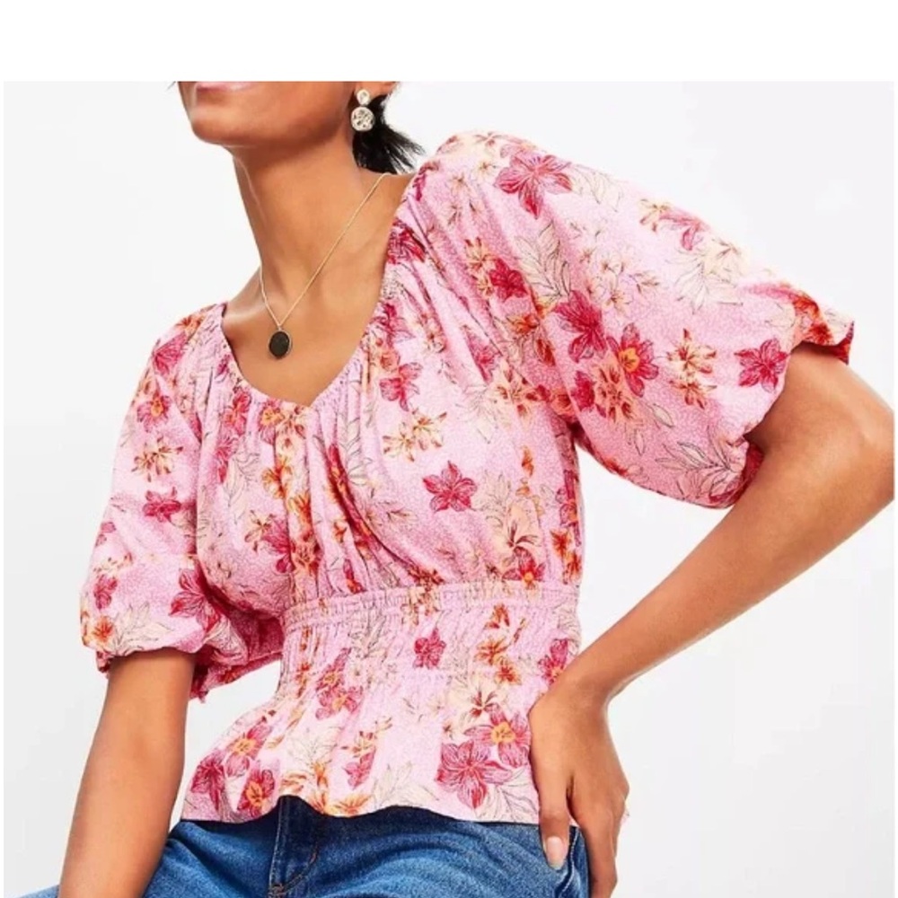 LOFT Lily Pink & Orange Floral V Neck Peplum Blouse
